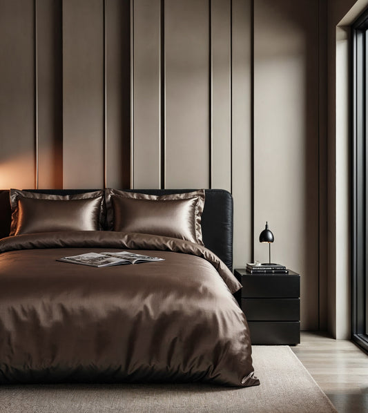 Tamsiai rudas kreminės taupe spalvos Glossy dirbtinio šilko patalynės komplektas