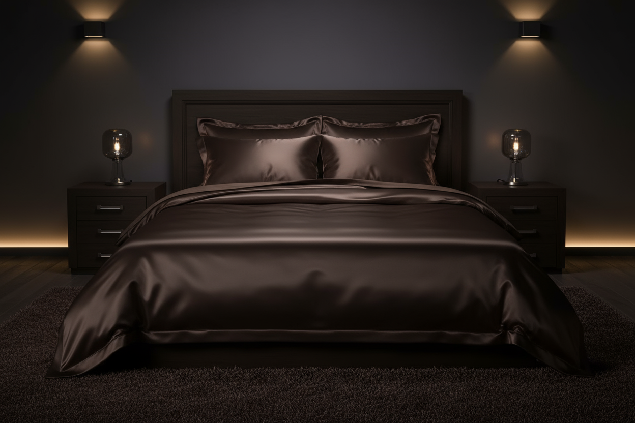 dark brown satin bedroom set in the dark bedroom